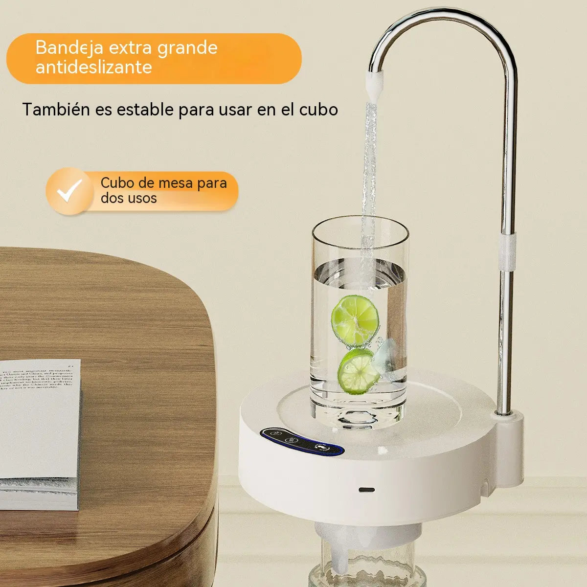 Bomba de agua portátil 2 en 1, apta para cubos de agua, grifo giratorio de 360°, tres velocidades de agua y carga mediante puerto USB tipo C.