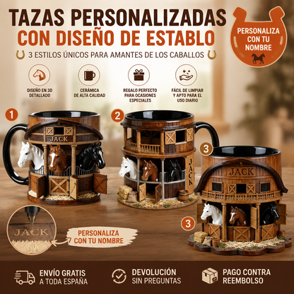 ☕Taza de café 3D con temática de granja y establo, taza de acero inoxidable con relieve tridimensional, regalo ideal para amantes de los caballos.