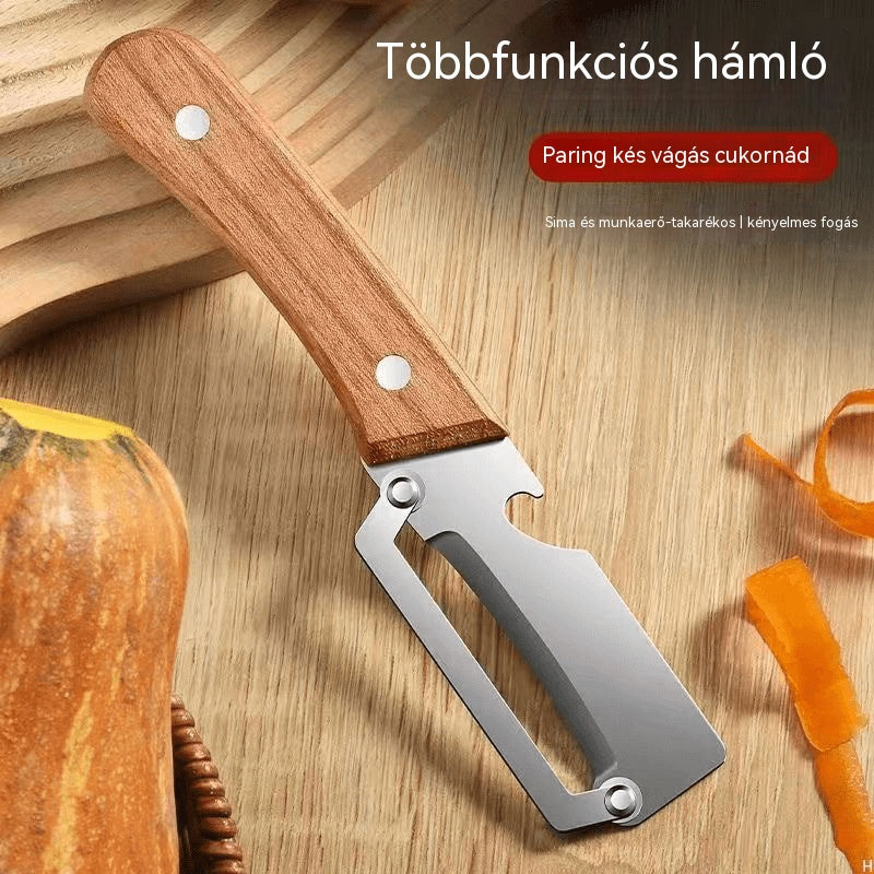 🔪🔥Multifunkcionális konyhai kaparó ultraéles rozsdamentes acél pengékkel és fa nyéllel, üvegnyitóval.