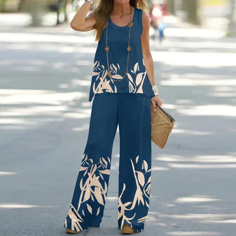 🌸 😍 【S-3XL】Traje casual estampado sin mangas [top + pantalón].