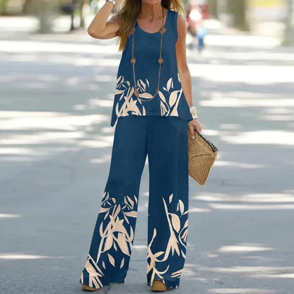 🌸 😍 【S-3XL】Traje casual estampado sin mangas [top + pantalón].