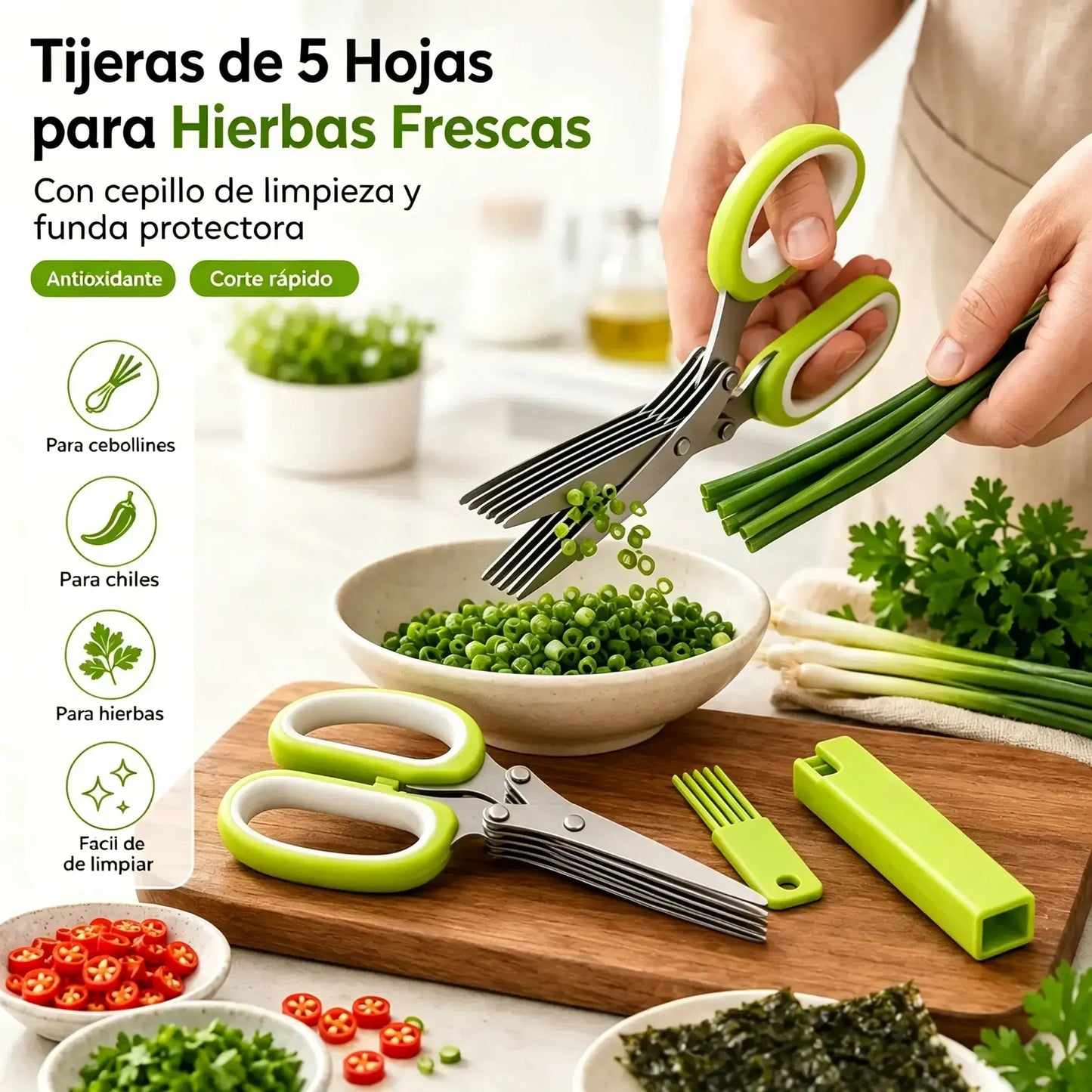 🌿 Tijeras para hierbas de 5 hojas – Cortador de cocina rápido para hierbas frescas y especias
