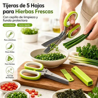 🌿 Tijeras para hierbas de 5 hojas – Cortador de cocina rápido para hierbas frescas y especias