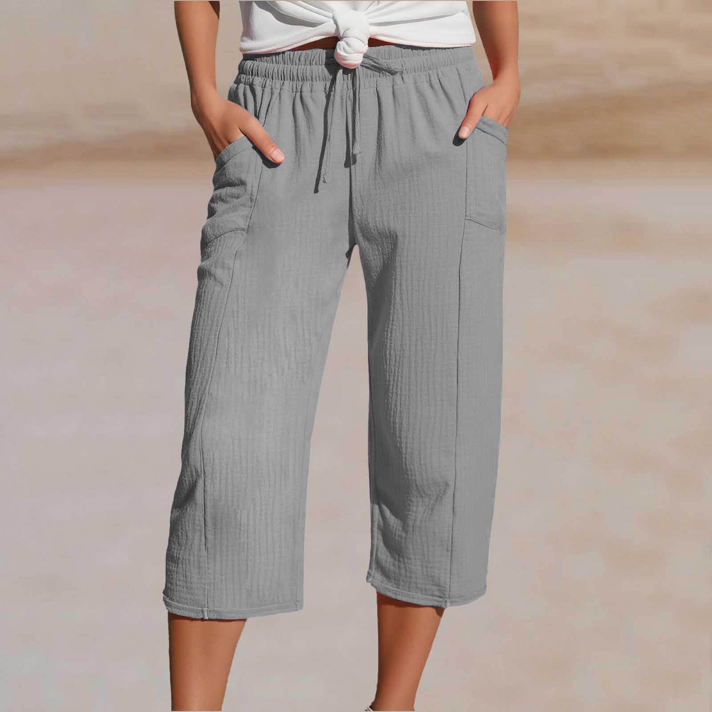 🌸【S-3XL】Pantalones capri plisados de algodón y lino de color liso