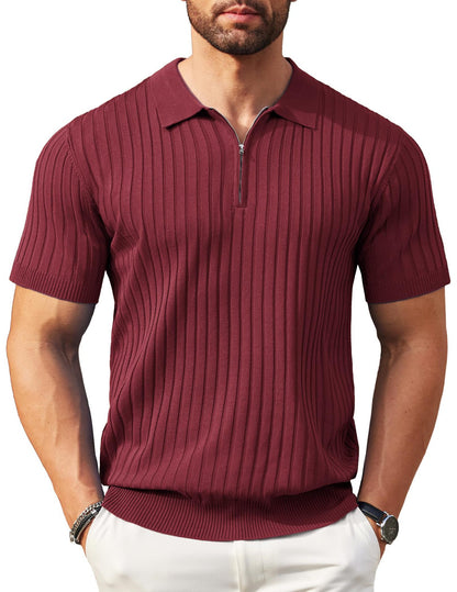 50%OFF👔Camisa de punto acanalado para hombre con cierre de cremallera y mangas cortas.