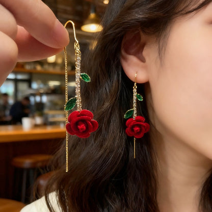 🔥Compra 1 y llévate 1 gratis🔥💞Pendientes de rosa roja con tallo de cristal