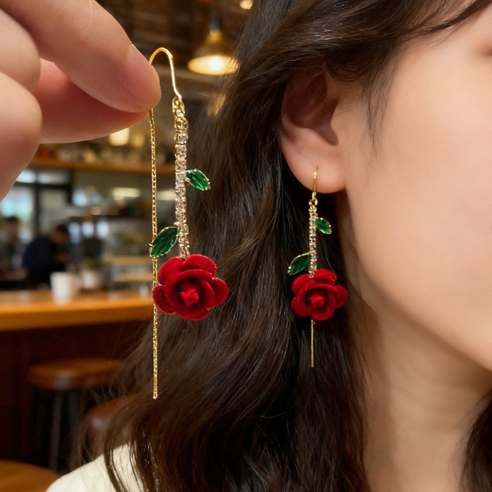 🔥Compra 1 y llévate 1 gratis🔥💞Pendientes de rosa roja con tallo de cristal