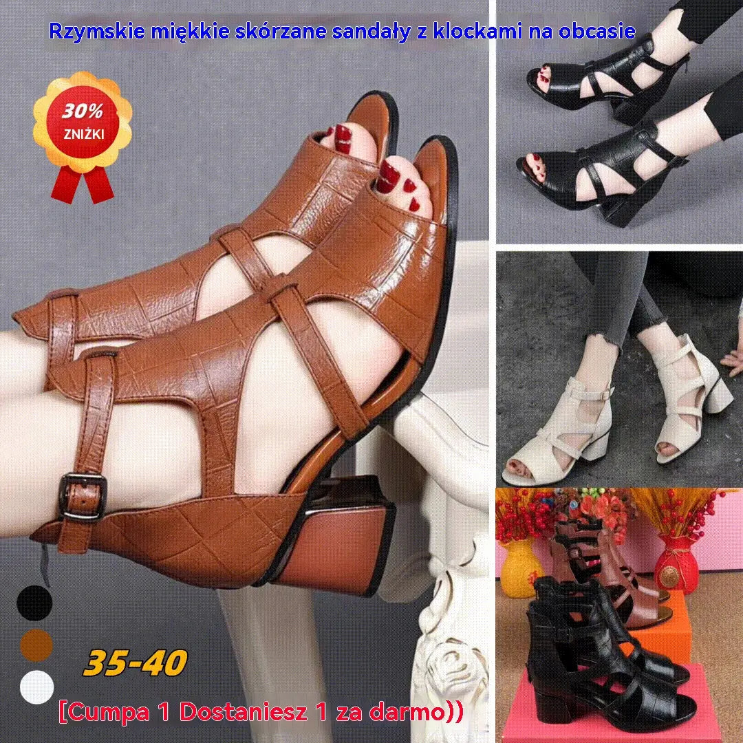 🔥👡【35-40】Nowe miękkie, miękkie skórzane, rybne dno, rybie usta, wydrążone usta, gruby obcas rzymskie sandały