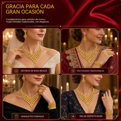 ✨ Juego de joyas nupciales chapadas en oro de 24 quilates estilo indio de Dubái: collar, pulsera, anillo y pendientes para mujer.