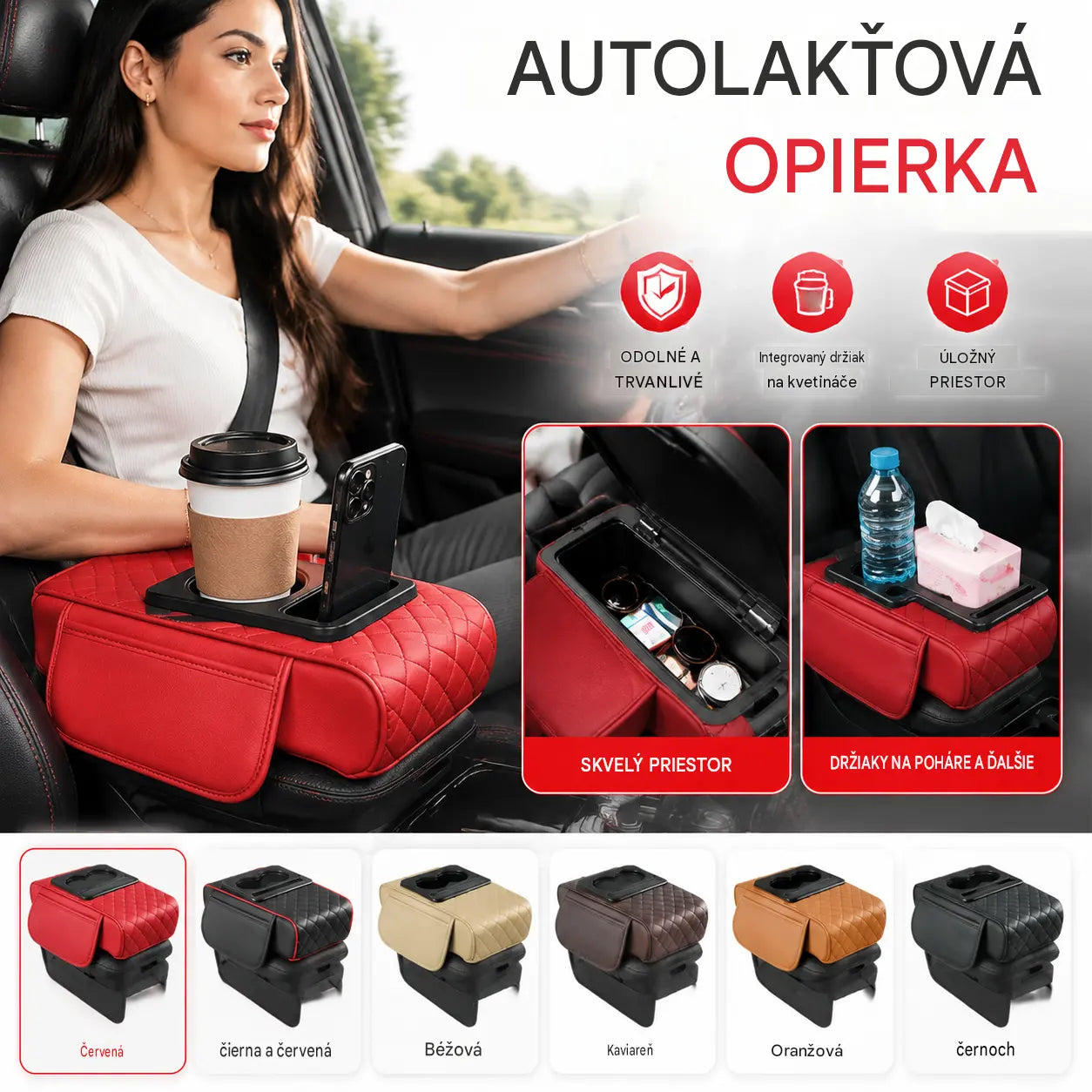 Univerzálna kožená podložka na lakťovú opierku do auta 4 v 1 ✅ Vstavaná schránka na vreckovky ✅ Držiak pohára