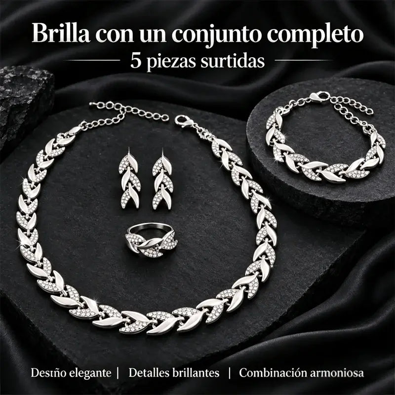 ✨💎 Set de Joyas de 4 Piezas para Mujer | Collar, Pulsera, Anillo y Pendientes con Diseño de Hojas y Circonitas