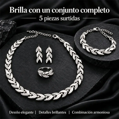 ✨💎 Set de Joyas de 4 Piezas para Mujer | Collar, Pulsera, Anillo y Pendientes con Diseño de Hojas y Circonitas