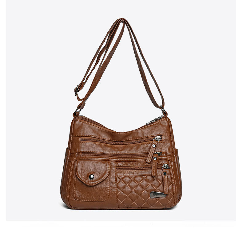 Bolso de cuero suave de gran capacidad y múltiples capas para mujer