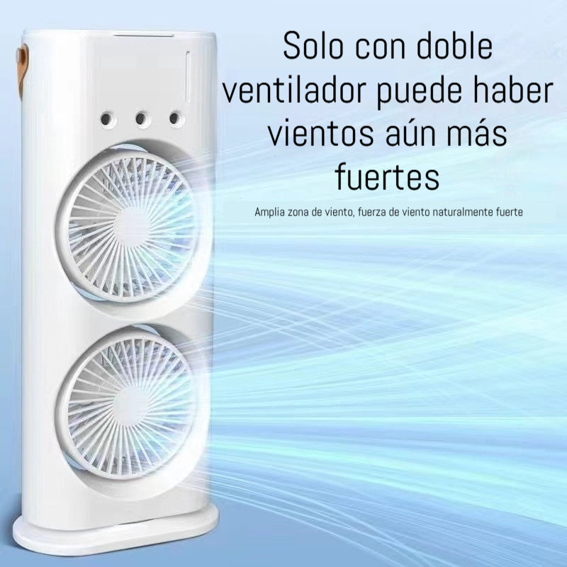🌬️💦🔥Miniventilador recargable de doble cabezal y tres orificios con control remoto para refrigeración y nebulización.