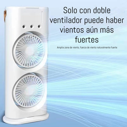 🌬️💦🔥Miniventilador recargable de doble cabezal y tres orificios con control remoto para refrigeración y nebulización.
