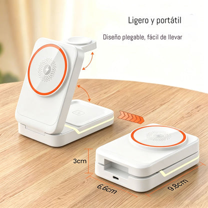 ⚡🧲 Nuevo cargador inalámbrico magnético 3 en 1 compatible con dispositivos Apple e incorpora iluminación ambiental.