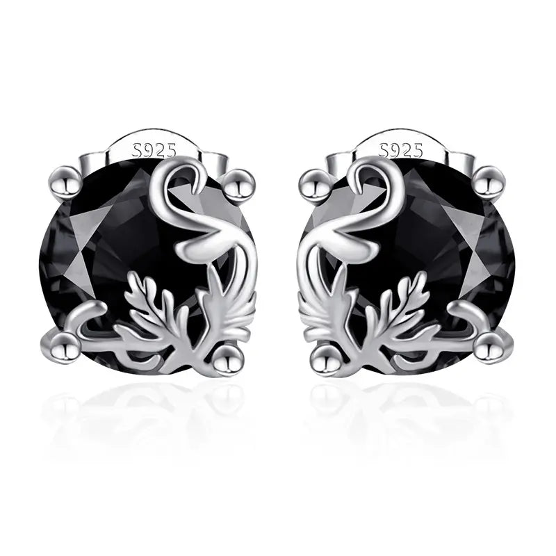 🖤 Strieborné gombíkové náušnice S925 – gotický motív viniča, čierny zirkón, veľkosť 8 mm, 1 pár pre citlivé uši.