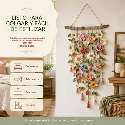 Decoración de pared estilo boho con flores de ganchillo 🌸🌿