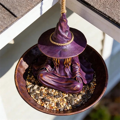 Comedero colgante para pájaros "Bruja meditando", decoración creativa y mágica para jardín, patio y exteriores, material duradero.