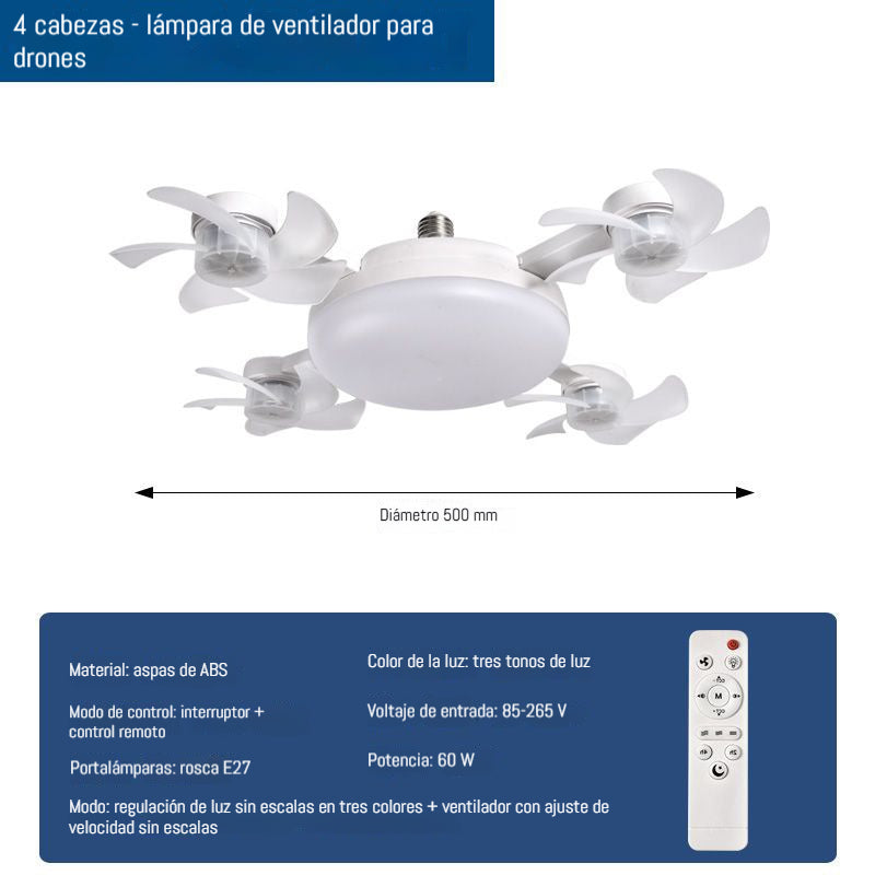 【50% de descuento en pedidos realizados hoy】Ventilador dron de cuatro aspas, bombilla E27 y mando a distancia
