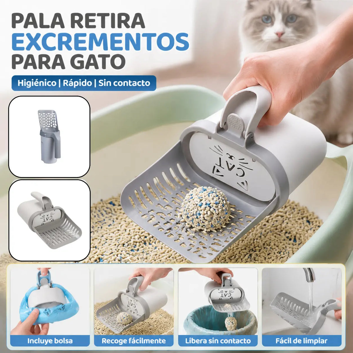 Nueva pala para arena de gato desmontable de una sola pieza, herramienta para recoger excrementos de gato, bolsa autorecolectora de excrementos