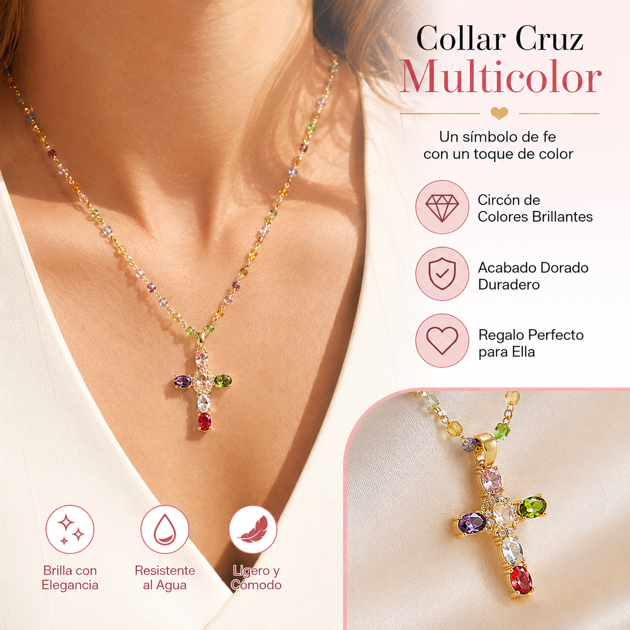 👍🥰🥰 Oferta: compra uno y llévate otro gratis. Collar con cruz de circonitas de colores. Incluye un precioso joyero.