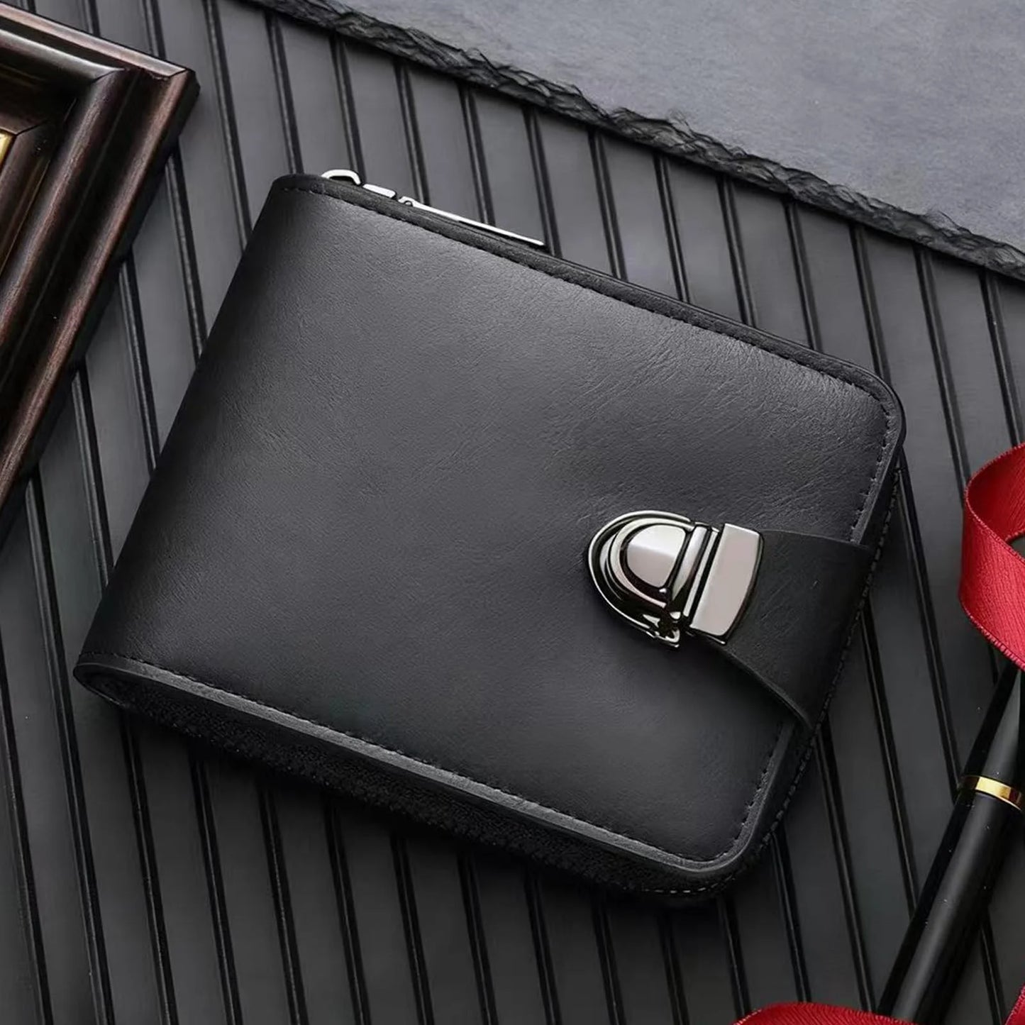 Cartera de piel auténtica para hombre: diseño retro con cremallera, compartimento para tarjetas y protección RFID.