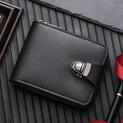 Cartera de piel auténtica para hombre: diseño retro con cremallera, compartimento para tarjetas y protección RFID.