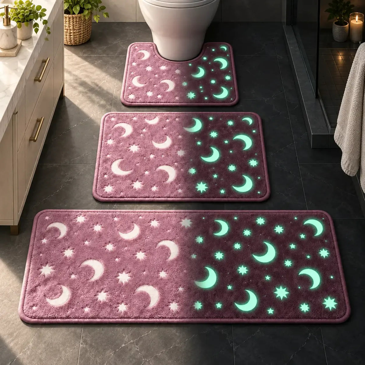 🌙 Juego de baño con diseños de luna y estrellas que brilla en la oscuridad – Alfombrilla de baño antideslizante 🌙
