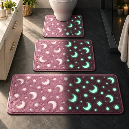 🌙 Juego de baño con diseños de luna y estrellas que brilla en la oscuridad – Alfombrilla de baño antideslizante 🌙