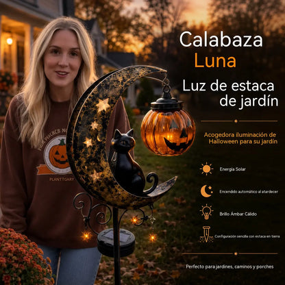 Lámpara decorativa solar para exteriores con forma de calabaza y gato negro.Crea una atmósfera mágica por la noche. Sensor automático, resistente al agua y duradera.
