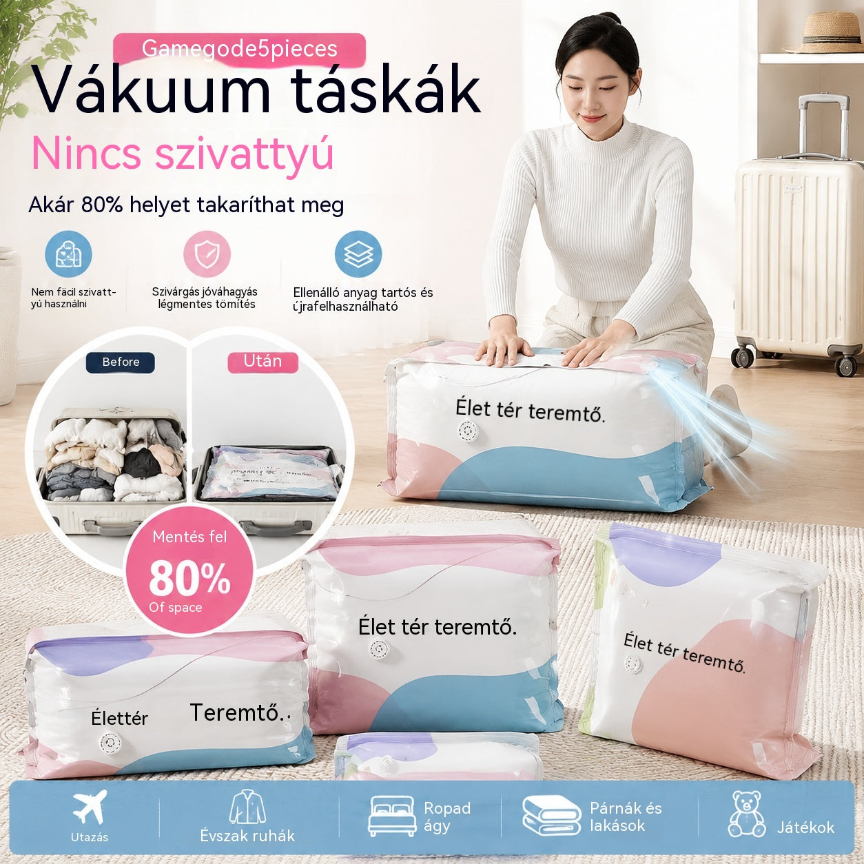 🧳【5 darabos készlet 9800 Ft】💨 Nagy, összenyomható vákuumos tárolózsák: nincs szükség pumpára, szivárgásmentes, és ideális helytakarékosságra bőröndökben és otthon ✈️