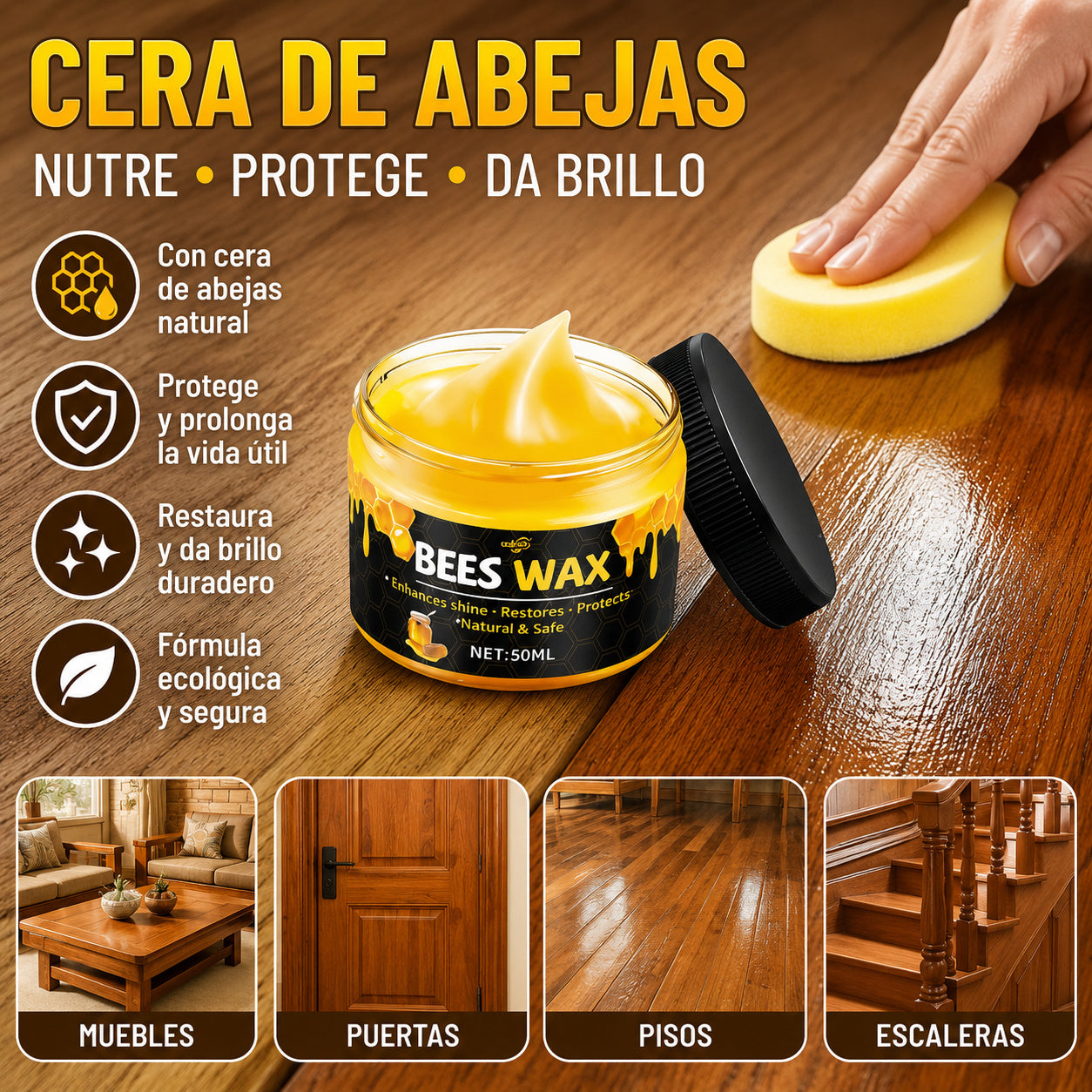 【Compra 1 y llévate 1 gratis】【2 botellas】Cera de abeja natural para el mantenimiento de muebles de madera y suelos: aporta brillo, repele el agua y evita grietas.