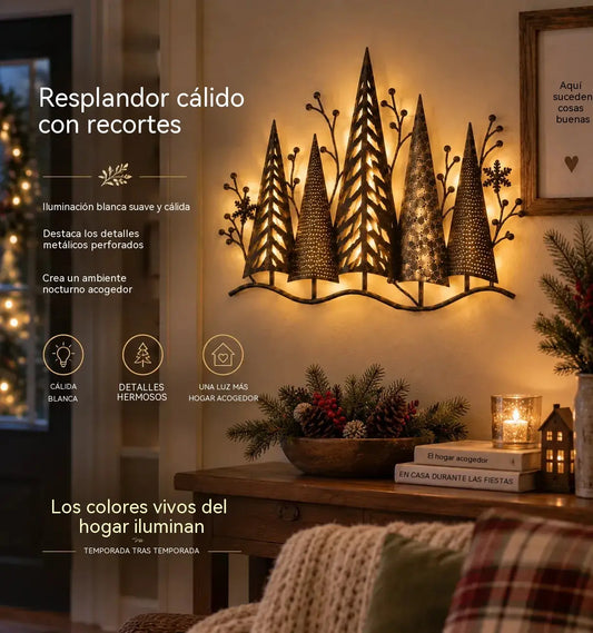 🎄🕯️ Decoración de pared de metal iluminada con motivo de bosque e inspiración vintage 🌙