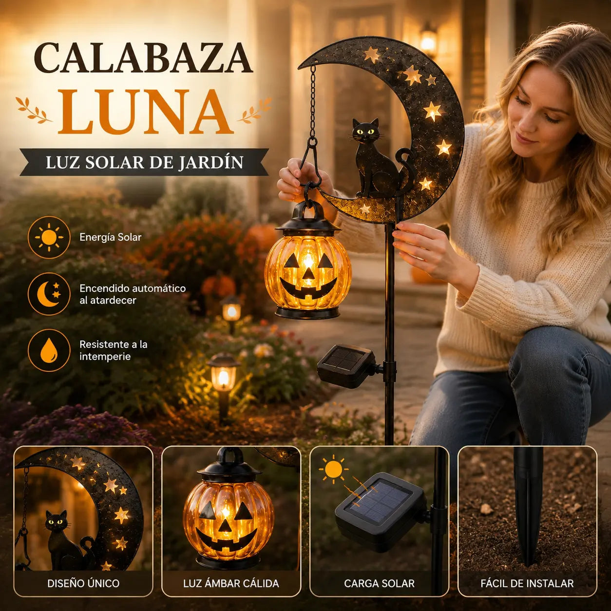 Lámpara decorativa solar para exteriores con forma de calabaza y gato negro.Crea una atmósfera mágica por la noche. Sensor automático, resistente al agua y duradera.