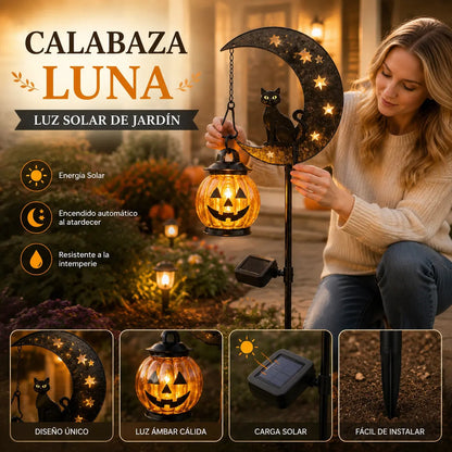 Lámpara decorativa solar para exteriores con forma de calabaza y gato negro.Crea una atmósfera mágica por la noche. Sensor automático, resistente al agua y duradera.