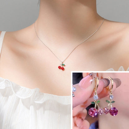 🍒 Conjunto de pendientes y collar con colgante de cristal de cereza rosa