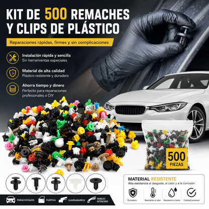 🚗 Kit de 500 Grapas para Coche – Clips Universales de Nylon para Paneles y Tapizados