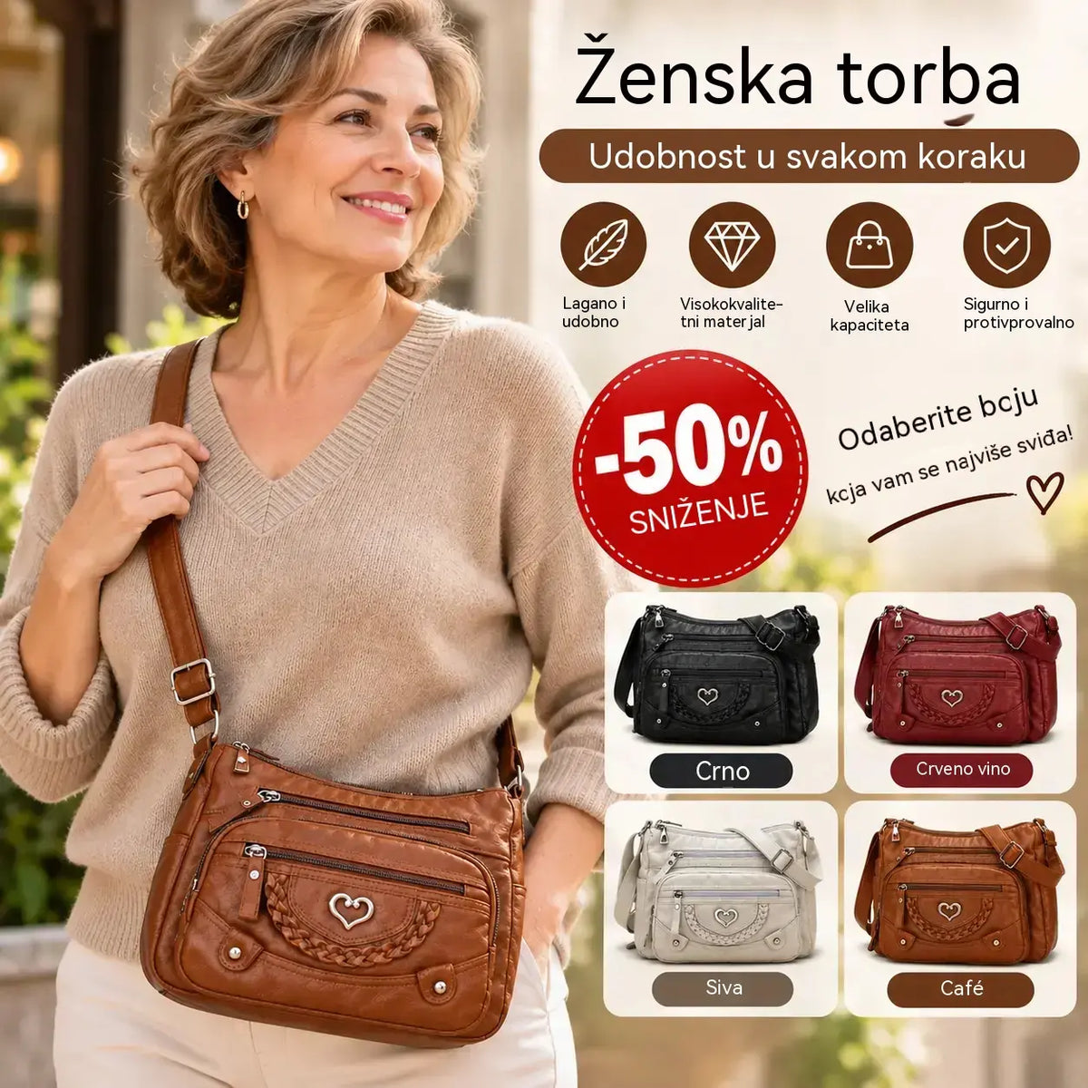 Moderna ženska vintage torba za nošenje preko tijela — mekani PU materijal — dizajn s više pretinaca, velik kapacitet
