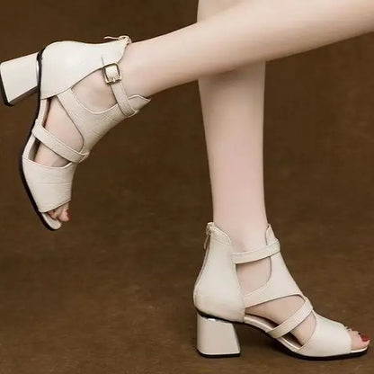🔥👡【35-40】Nowe miękkie, miękkie skórzane, rybne dno, rybie usta, wydrążone usta, gruby obcas rzymskie sandały
