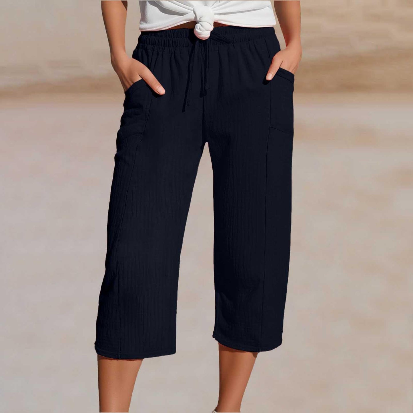 🌸【S-3XL】Pantalones capri plisados de algodón y lino de color liso