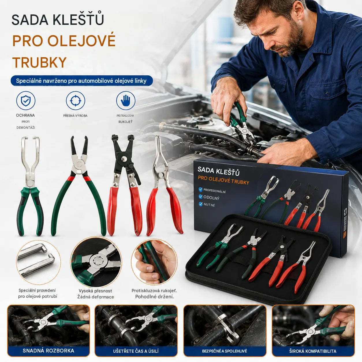 Sada automobilových kleští, kleště na palivové potrubí, kleště na odpojení palivového potrubí, svorky na konektory palivového potrubí, nástroje pro demontáž a opravy automobilů.