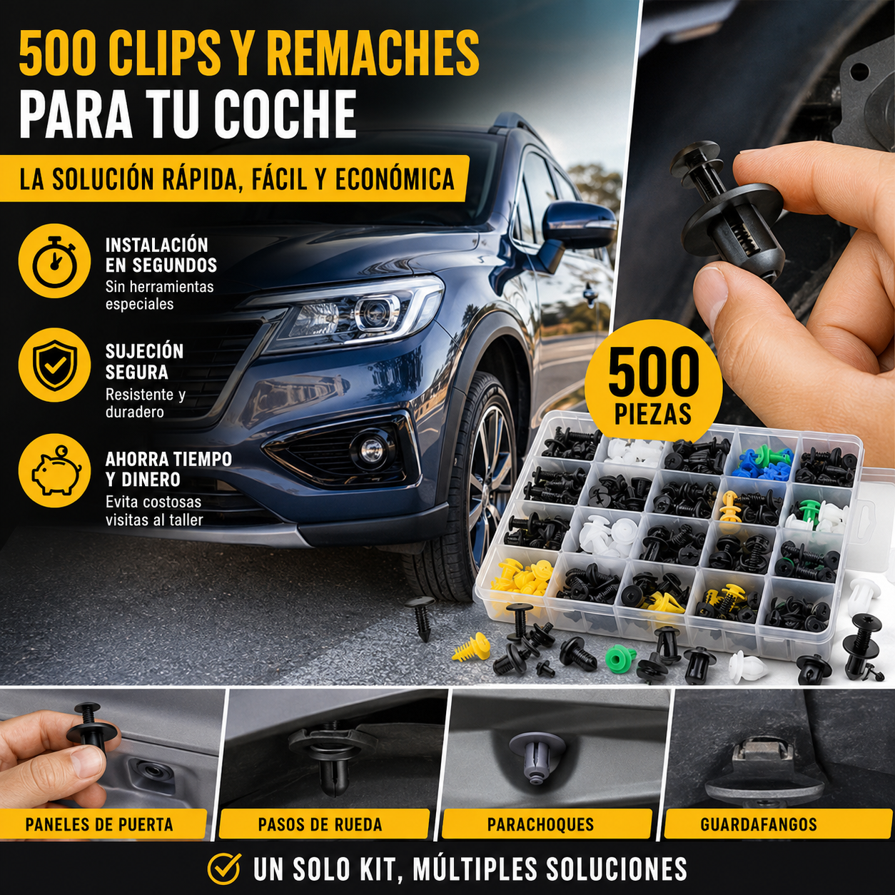 🚗 Kit de 500 Grapas para Coche – Clips Universales de Nylon para Paneles y Tapizados