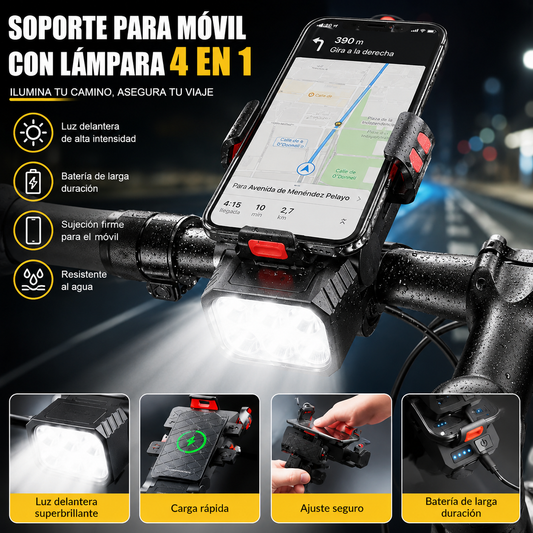 🚲💡Altavoz, luz y soporte para teléfono 4 en 1 para bicicleta de montaña, recargable.