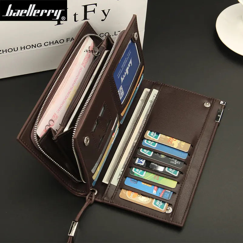 Nueva cartera larga para hombre con múltiples capas y ranuras para varias tarjetas.