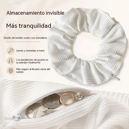 【3 pieza】Nueva goma para el pelo plisada con cremallera y bolsillo de almacenamiento oculto--Uno de cada color