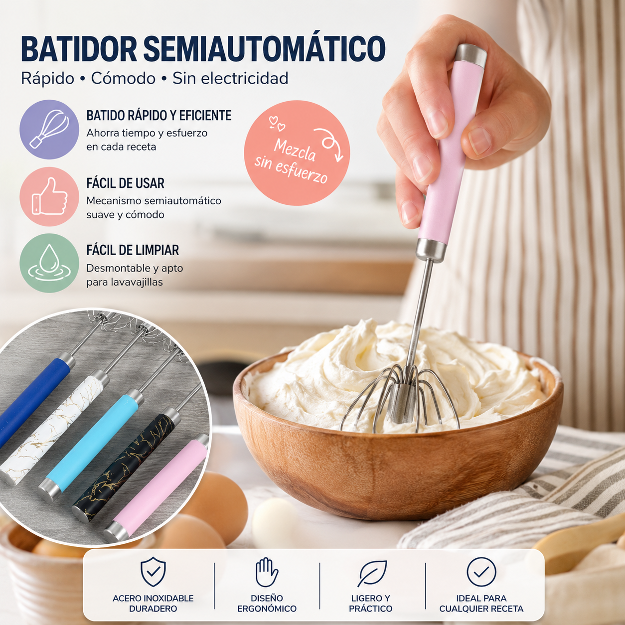 🥳¡Compra 1 y llévate 1 GRATIS!💞🥚 Batidor semiautomático de acero inoxidable – ¡Bate huevos y nata en segundos, sin electricidad! ✨