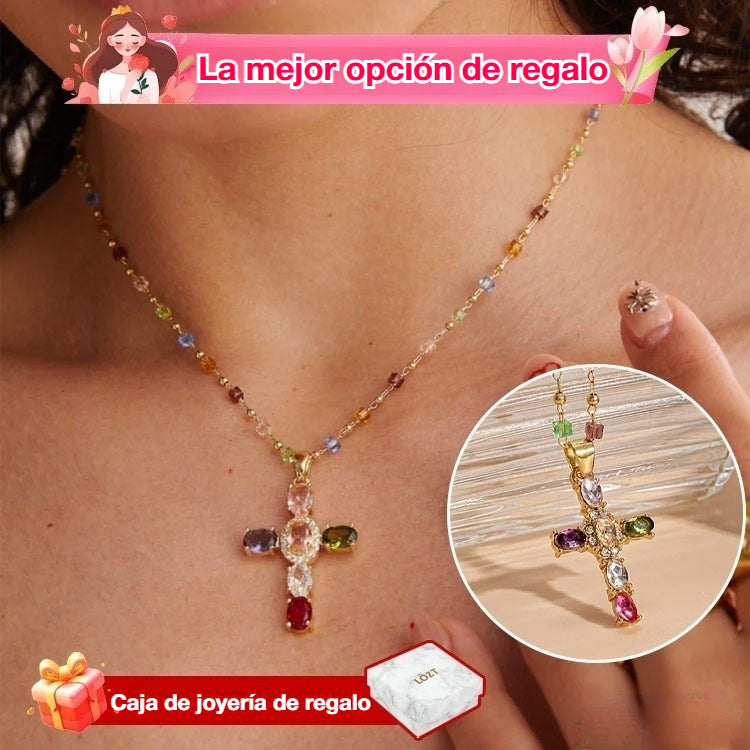 👍🥰🥰 Oferta: compra uno y llévate otro gratis. Collar con cruz de circonitas de colores. Incluye un precioso joyero.