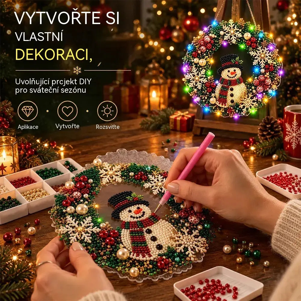 🎄 Vánoční věnec k vlastnímu sestavení s kamínky, perlami a LED světýlky! Odolný akrylový základ · 9 svátečních motivů · Dokonalá dekorace na dveře, stěny i okna · Dárek od srdce!