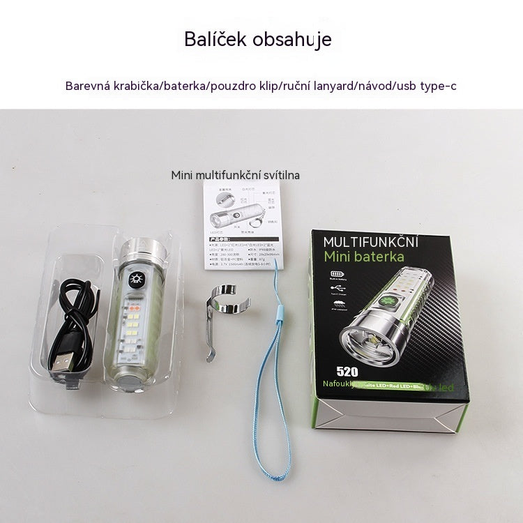 👍👍Kompaktní svítilna s vysokou intenzitou světla, multifunkčním bočním světlem, rychlým nabíjením přes USB-C, přenosností a ultra dlouhou výdrží baterie.